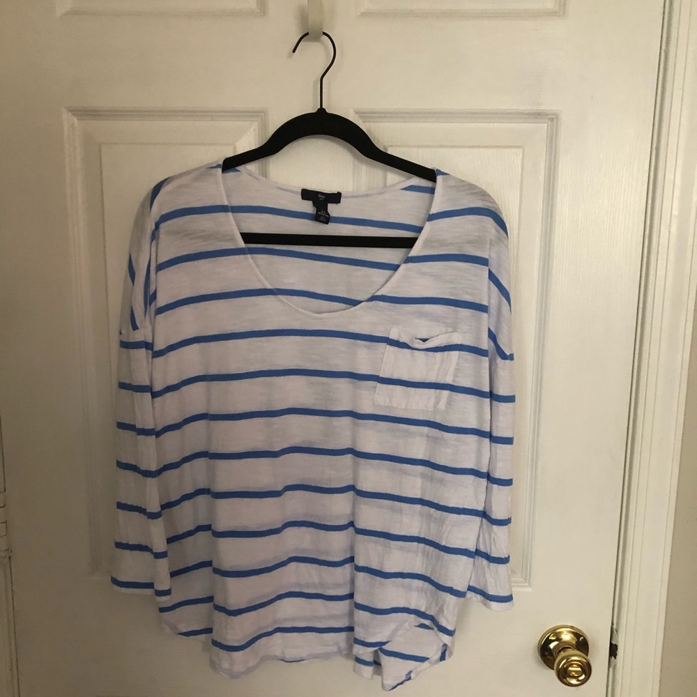 Women’s GAP Blue & White Striped Long Sleeve Pocket Tee Sz XL
